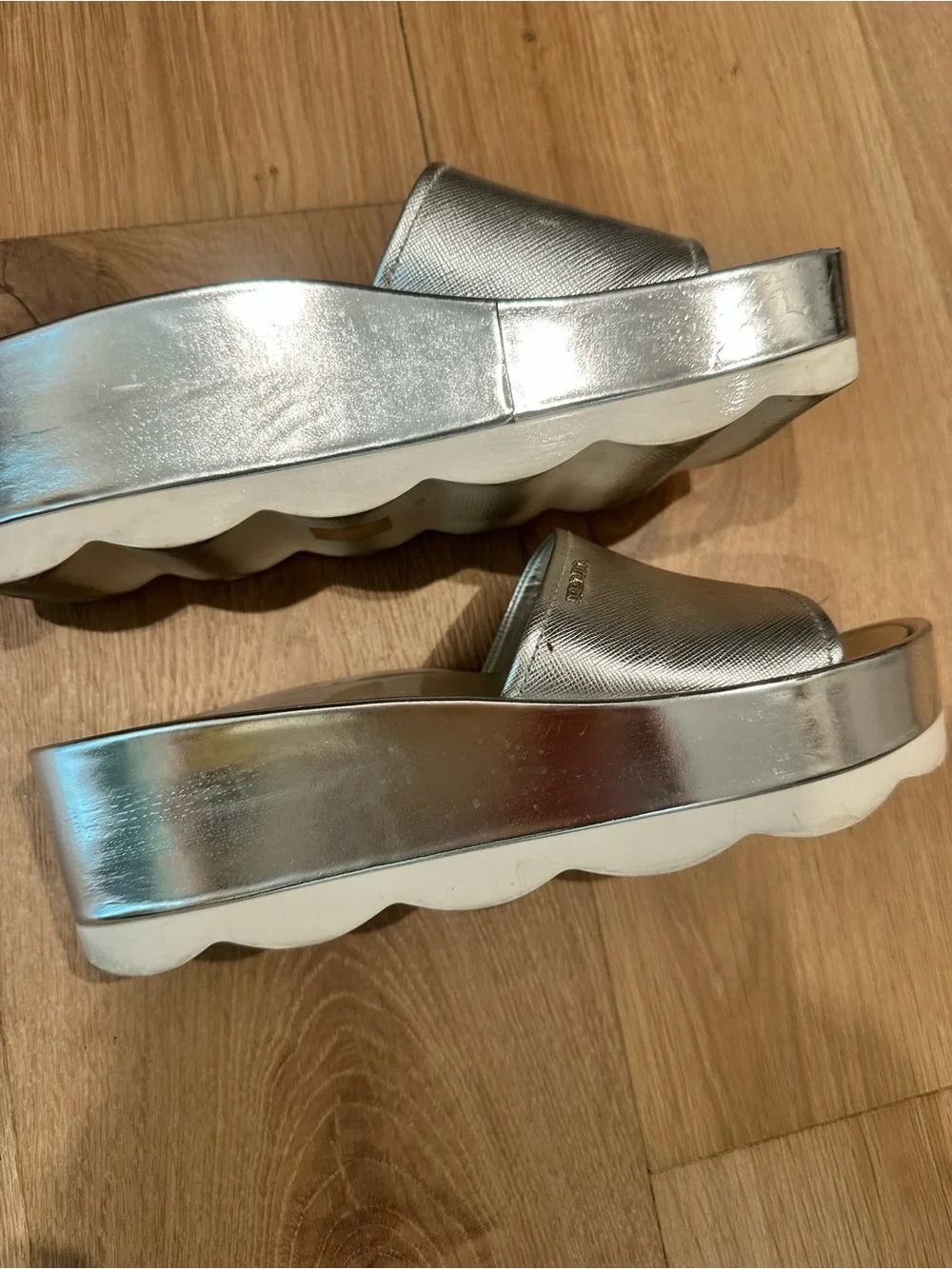 Prada Metallic Silver Saffiano Leather Slide Sandals